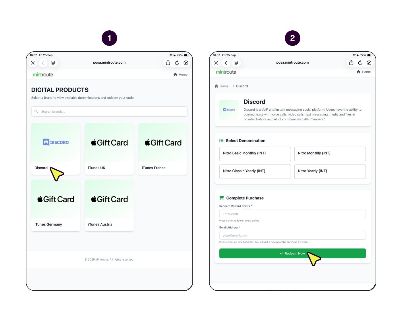Steps to redeem a Discord Nitro Yearly voucher code on the Mintroute website.